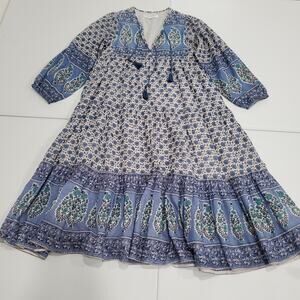 Emerson Fry India Collection Dress Womens Small Blue Boho Floral Maxi Peasant